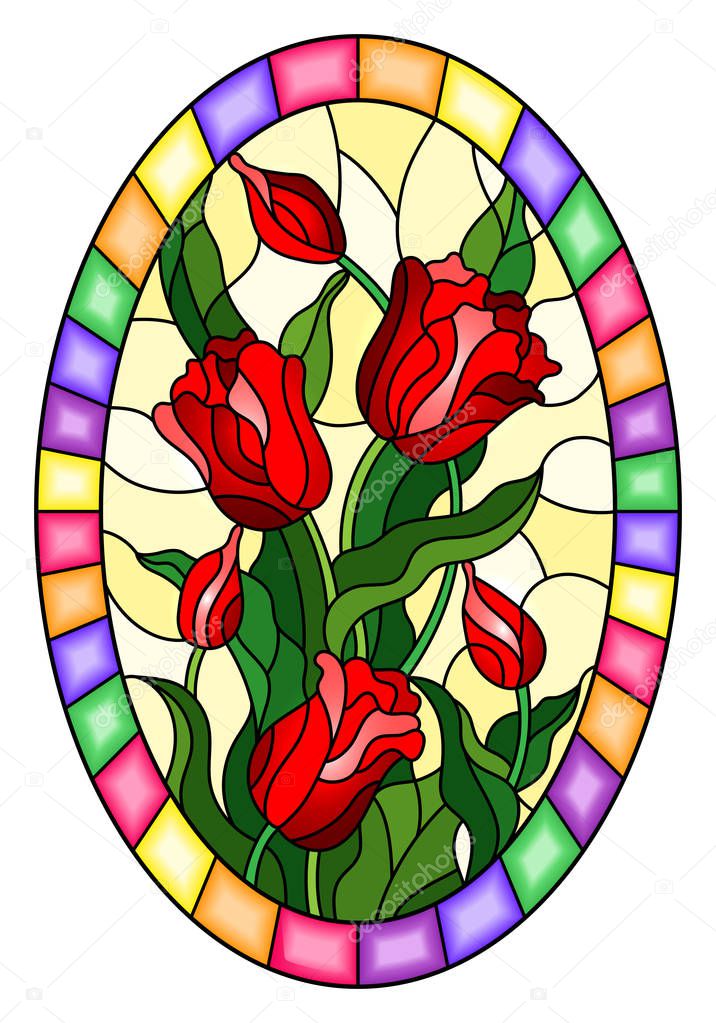 Illustration in stained glass style with a bouquet of red tulips on a yellow background in a bright frame, oval image