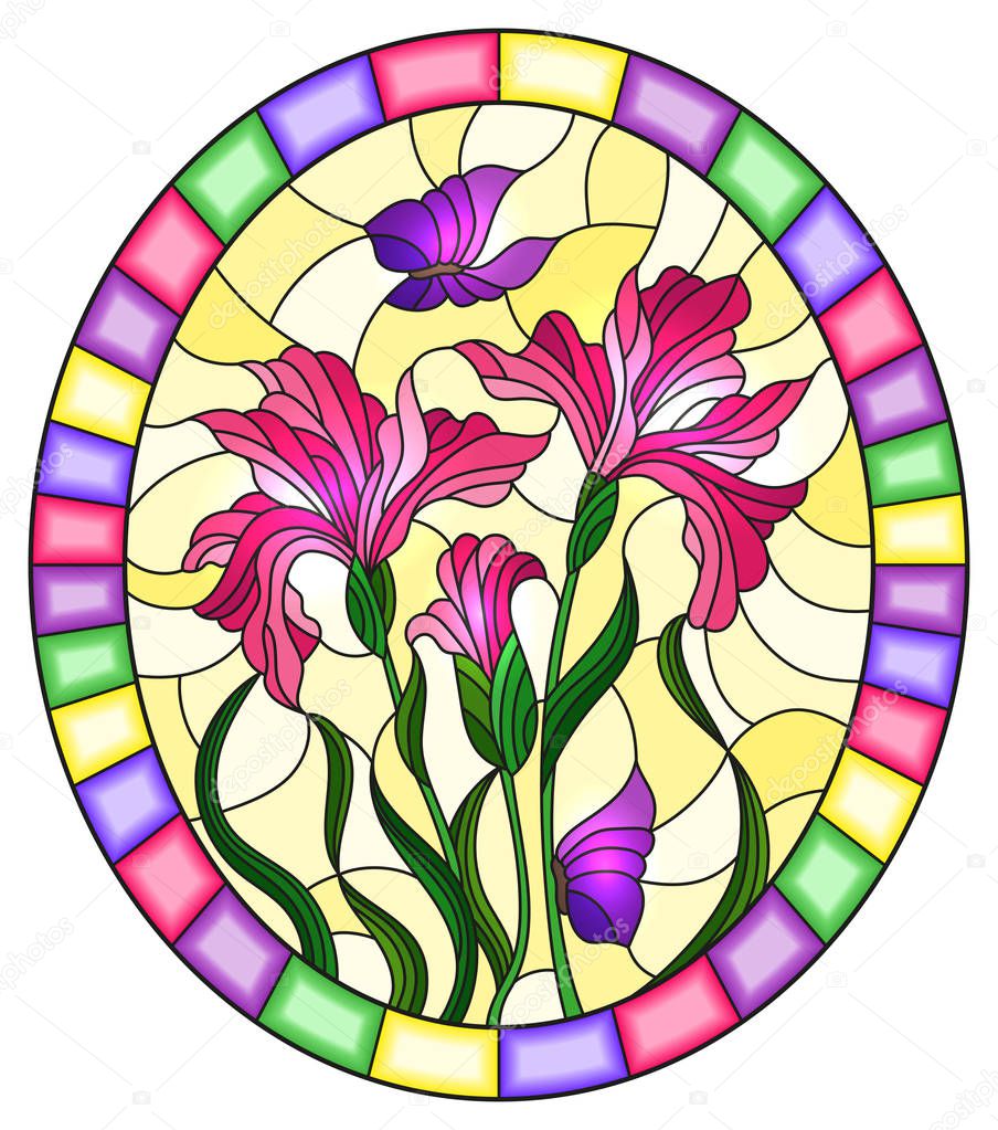 Illustration in stained glass style flower of pink irises and purple butterflies on a yellow  background in a bright frame,oval  image