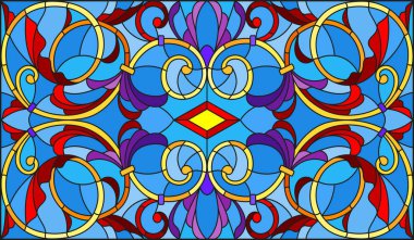 Vitray stil soyut çiçekli resimde bırakır ve mavi arka plan, yatay yönlendirme bukleler