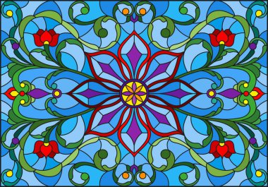 Vitray stil soyut çiçekli resimde bırakır ve mavi arka plan, yatay yönlendirme bukleler