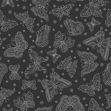 Dikişsiz desen anahat kelebekler ve çiçekler ile ışık karanlık bir arka plan üzerinde özetliyor.