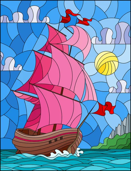 空と海と日の出に対してピンク帆ヨットとステンド グラス スタイルのイラスト — ストックベクタ