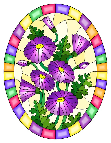 Illustrazione Stile Vetrate Con Bouquet Margherite Viola Sfondo Giallo Una — Vettoriale Stock