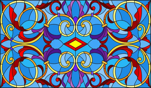 Ilustracja Stylu Witraże Abstrakcyjne Kwiaty Liście Loki Niebieskim Tle Orientacja — Wektor stockowy