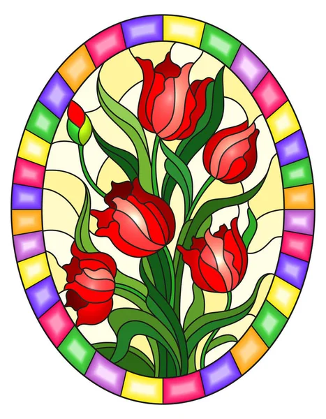 Illustration Style Vitrail Avec Bouquet Tulipes Rouges Sur Fond Jaune — Image vectorielle