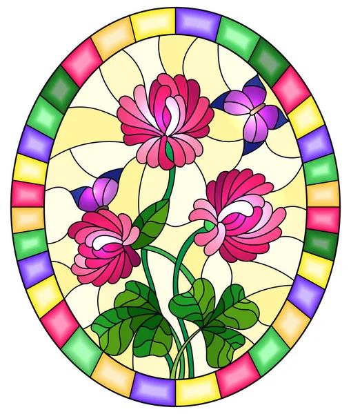 Illustrazione Stile Vetro Colorato Fiore Trifoglio Rosa Farfalle Viola Uno — Vettoriale Stock