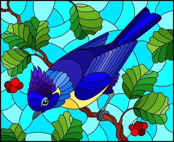 Illustration Stil Der Glasmalerei Mit Einem Schönen Blauen Vogel Auf — Stockvektor