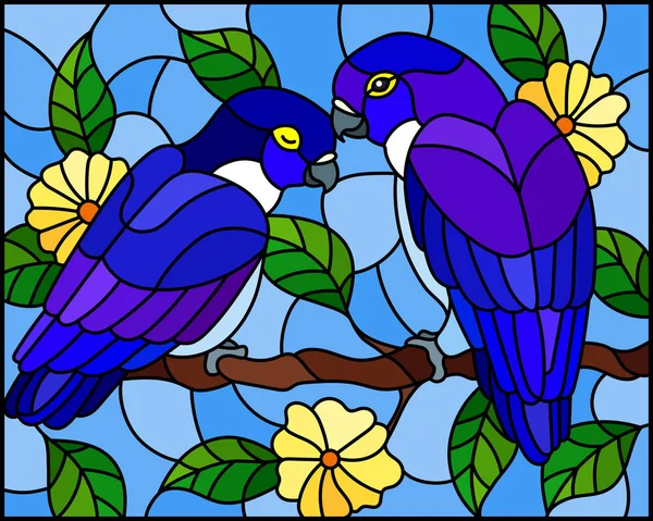 Illustration Glasmalerei Stil Mit Einem Paar Blauer Vögel Papageien Auf — Stockvektor