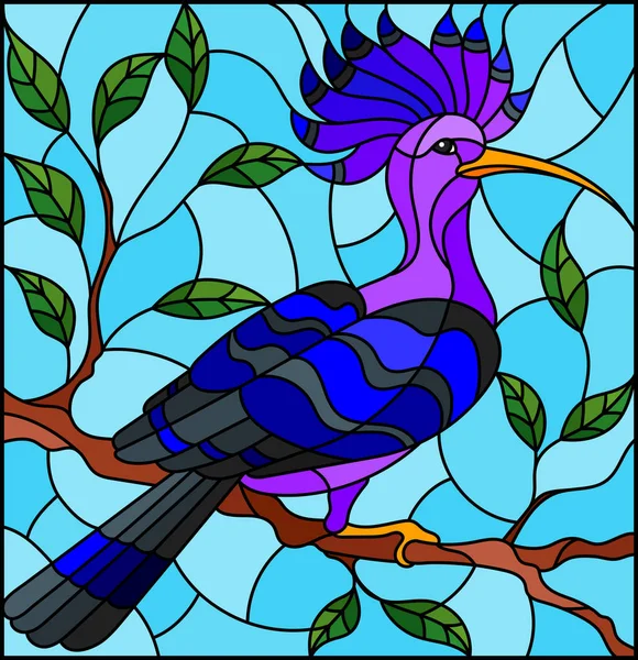 木と空の枝の背景に美しい青い鳥とステンド グラスのスタイルの図 — ストックベクタ