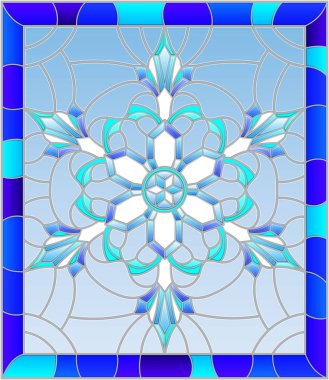 Vitray tarzı illüstrasyon kar tanesi bir çerçeve içinde mavi renk ile 