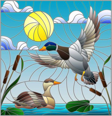 Vitray tarzı sazlık bulutlu gökyüzü ve güneş karşı bir gölde ördekler ile resimde