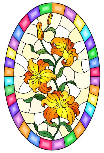 Ilustrace Vitráže Stylu Květ Oranžové Lilie Žlutém Podkladu Hledáčku Oválný — Stockový vektor
