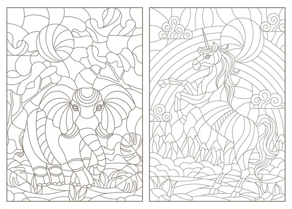 在风景背景上设置彩色玻璃窗与动物 大象和独角兽等高线插图 在白色背景上的深色等高线 — 图库矢量图片