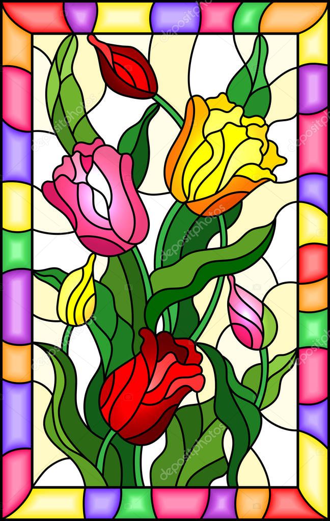 Illustration in stained glass style with a bouquet of  tulips on a yellow background in bright frame