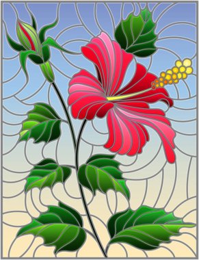 Çiçek, vitray stiliyle çizimde tomurcukları ve gökyüzü arka plan üzerinde pembe ebegümeci yaprakları