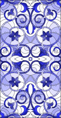 İllüstrasyon soyut swirls, vitray tarzında çiçekler ve hafif bir arka plan üzerinde dikey yönlendirme gama mavi yaprakları