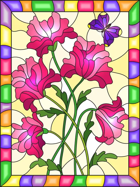 Illustration Vitrail Avec Des Fleurs Abstraites Roses Papillon Violet Sur — Image vectorielle