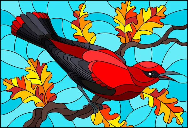 Εικονογράφηση Στο Στυλ Του Λεκιασμένου Γυαλιού Ένα Όμορφο Κόκκινο Πουλί — Διανυσματικό Αρχείο