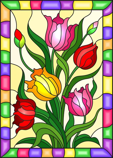 Ilustracja Stylu Witrażu Bukietem Tulipanów Żółtym Tle Jasnej Ramki — Wektor stockowy