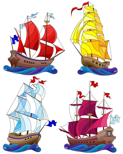 Set Ships Stained Glass Style Sailboats Waves Isolated White Background — Stock Vector