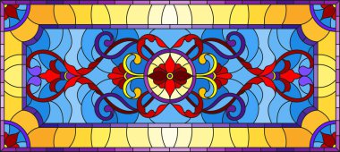 Vitray stil soyut çiçekli resimde bırakır ve mavi arka plan çerçevesinde, yatay yönlendirme üzerinde bukleler