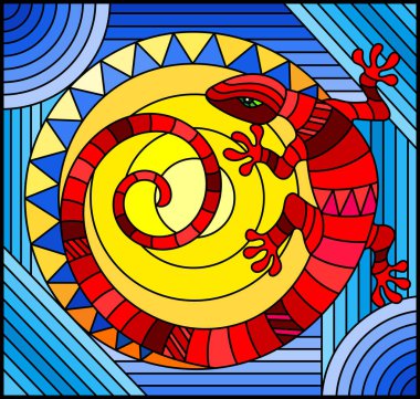 Güneş ile mavi bir arka plan üzerinde soyut kırmızı kertenkele stiliyle vitray çizimde