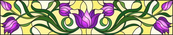 Ілюстрація Вітражному Стилі Фіолетовими Квітами Листям Бутонами Жовтому Тлі Симетричне — стоковий вектор