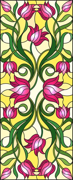 Vitray Tarzı Çiçek Yaprak Bir Sarı Arka Plan Simetrik Görüntü — Stok Vektör