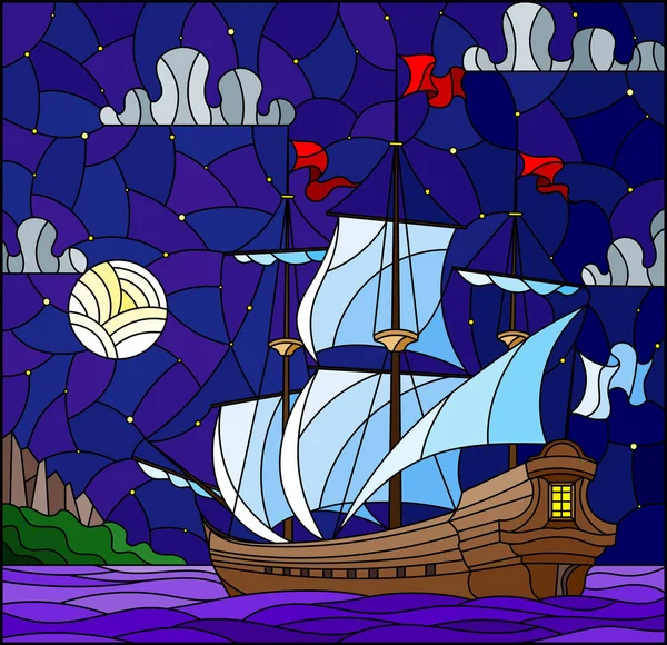 Ilustración Estilo Vitral Con Veleros Vela Contra Cielo Estrellado Mar — Archivo Imágenes Vectoriales