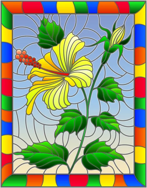 Illustration Glasmalereistil Mit Blume Knospen Und Blättern Des Gelben Hibiskus — Stockvektor