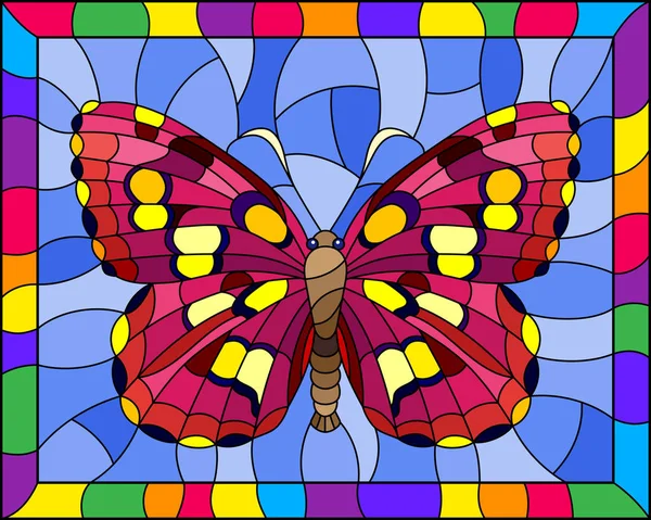例证在彩色玻璃样式与明亮的粉红色鹰飞蛾在蓝色背景在明亮的框架 — 图库矢量图片