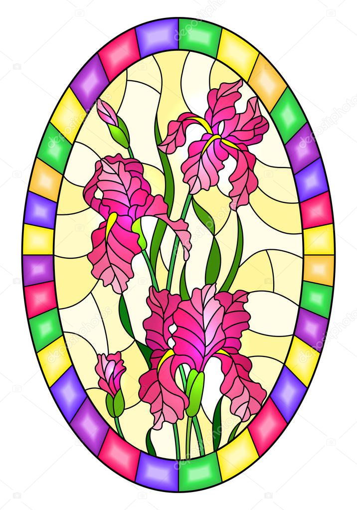 Illustration in stained glass style flower of pink irises on a yellow background in a bright frame,oval  image