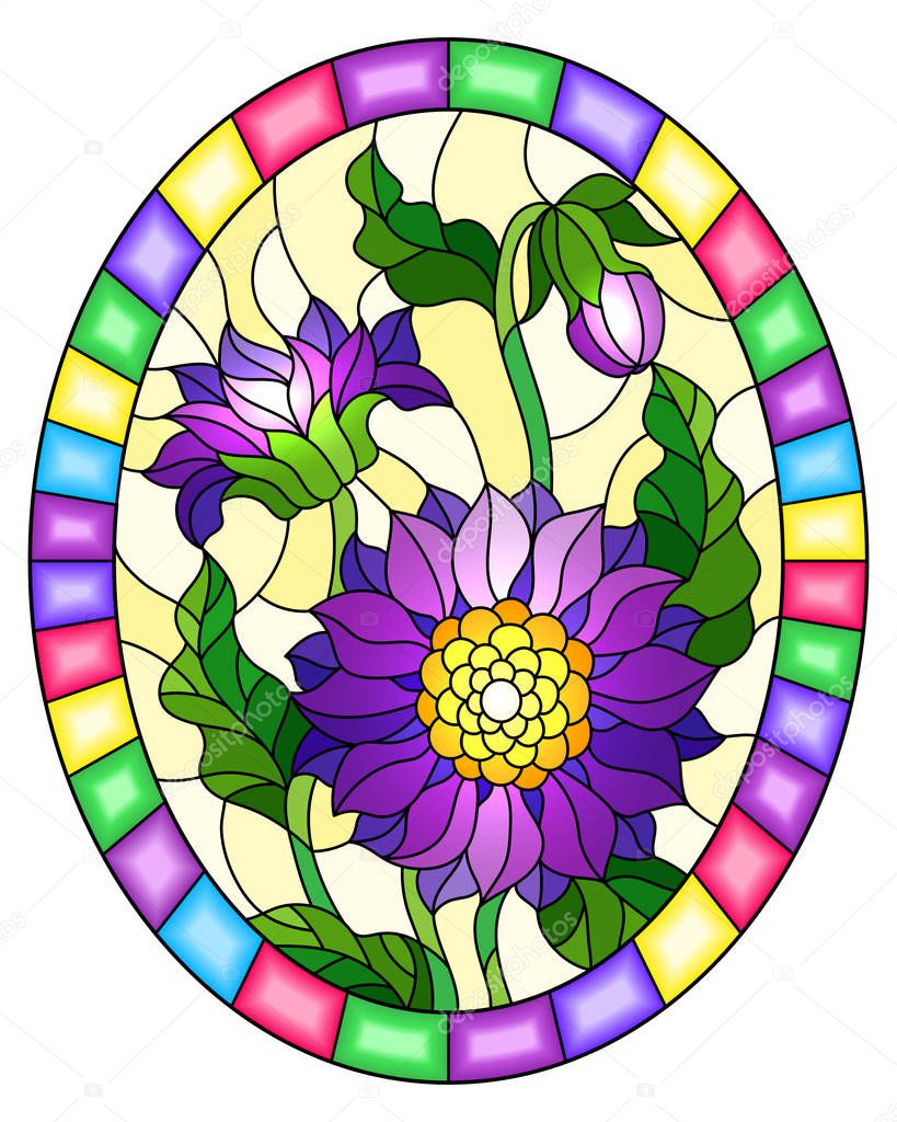 Illustration in stained glass style with a bouquet of a plant with purple flowers on a yellow background in a bright frame, oval image