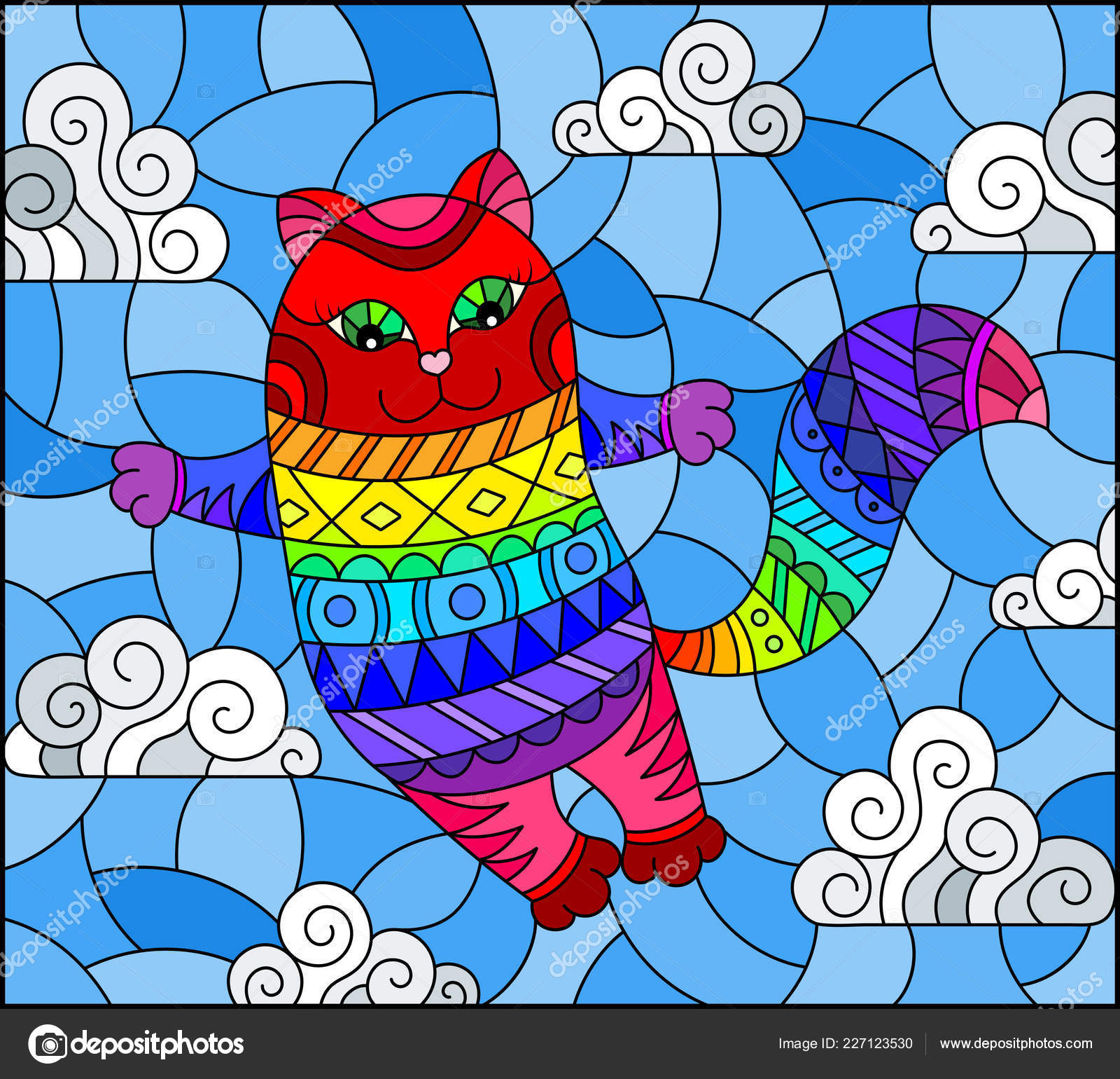 Illustration Vitraux Avec Chat Arc Ciel Dessin Animé Sur