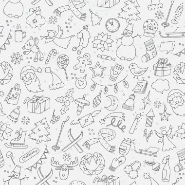 Yeni yıl ve Noel Tema basit çizilmiş tema simgeleri ile Seamless modeli, beyaz arka plan üzerinde koyu basit özetliyor