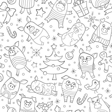 Komik karikatür domuz ve kar taneleri, beyaz zemin üzerine koyu kutsal kişilerin resmi ile yeni yıl konulu seamless modeli