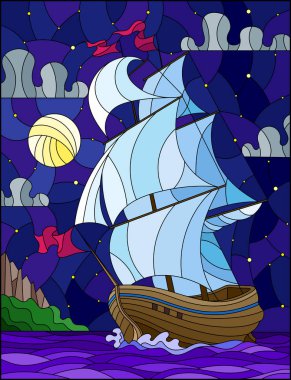 Yıldızlı gökyüzü, deniz ve aya karşı illüstrasyon vitray tarzı Yelkenli ile ışık ile yelken