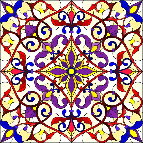 Illustration Glasmalereistil Quadratisches Spiegelbild Mit Floralen Ornamenten Und Wirbeln Rote — Stockvektor