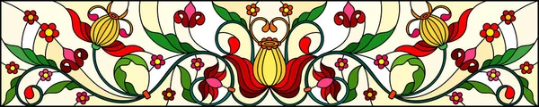 Illustratie Gebrandschilderd Glas Stijl Met Abstracte Wervelingen Rode Bloemen Bladeren — Stockvector