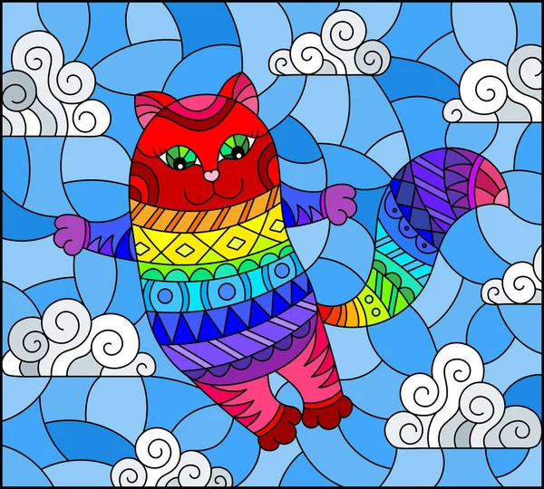 Glasmalerei Mit Cartoon Regenbogenkatze Auf Dem Hintergrund Des Himmels Und — Stockvektor