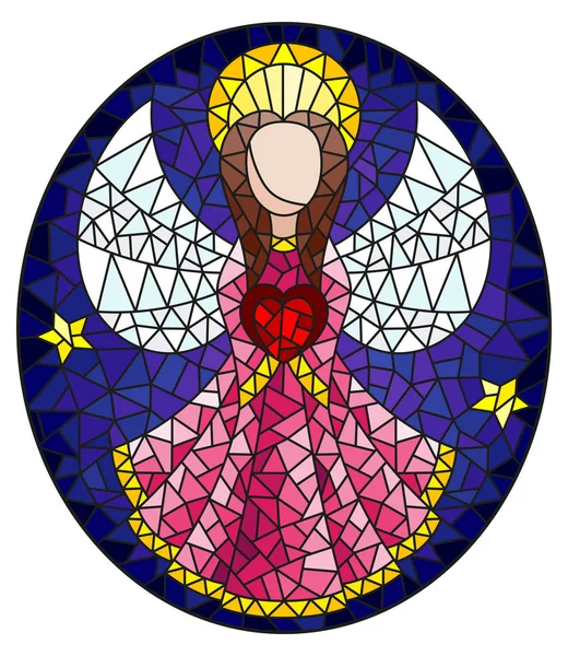 stock vector Illustration in stained glass style with an abstract angel in pink robe with a heart , round picture