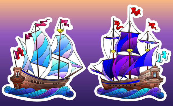Набор кораблей в витражном стиле, парусники на волнах изолированы на фоне неба
