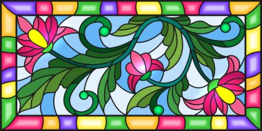 Vitray stil parlak bir kare, dikdörtgen görüntü sarı bir arka plan üzerinde pembe çiçekli bir bitki bir dalı ile resimde