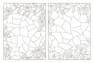 Vitray Windows çiçek arka planlar, beyaz bir arka plan üzerinde koyu konturlar ile kontur resimler ayarla