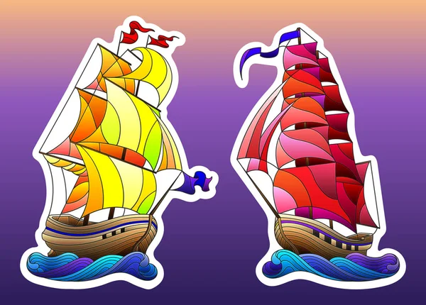 Conjunto Barcos Estilo Vitral Veleros Sobre Olas Aisladas Sobre Fondo — Vector de stock