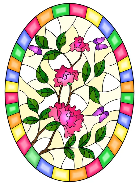 Illustrazione Stile Vetrate Con Fiori Foglie Rosa Rosa Farfalle Viola — Vettoriale Stock