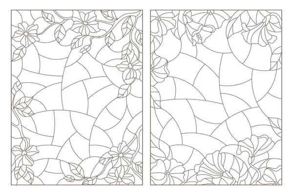 Set Van Contour Illustraties Van Gebrandschilderd Glas Windows Met Florale — Stockvector