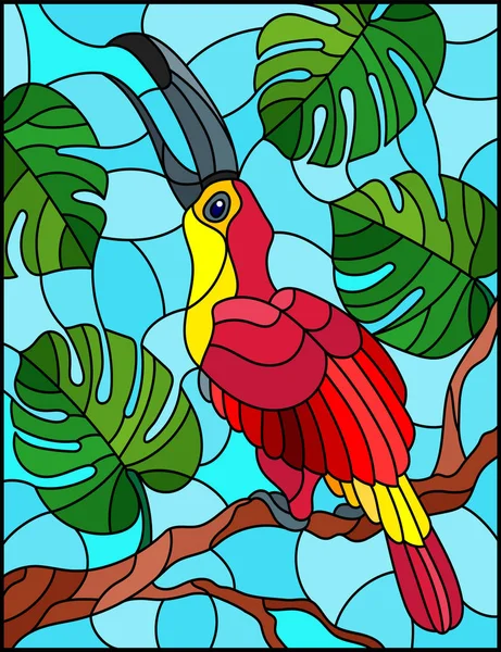 Ilustración Estilo Vidrieras Con Pájaro Rojo Abstracto Sobre Fondo Rama — Vector de stock