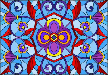 Vitray stil soyut çiçekli resimde bırakır ve mavi arka plan, yatay yönlendirme bukleler