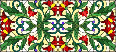 Vitray stil kırmızı çiçekli resimde bırakır ve tomurcukları bir sarı arka plan, simetrik görüntü, yatay yönlendirme